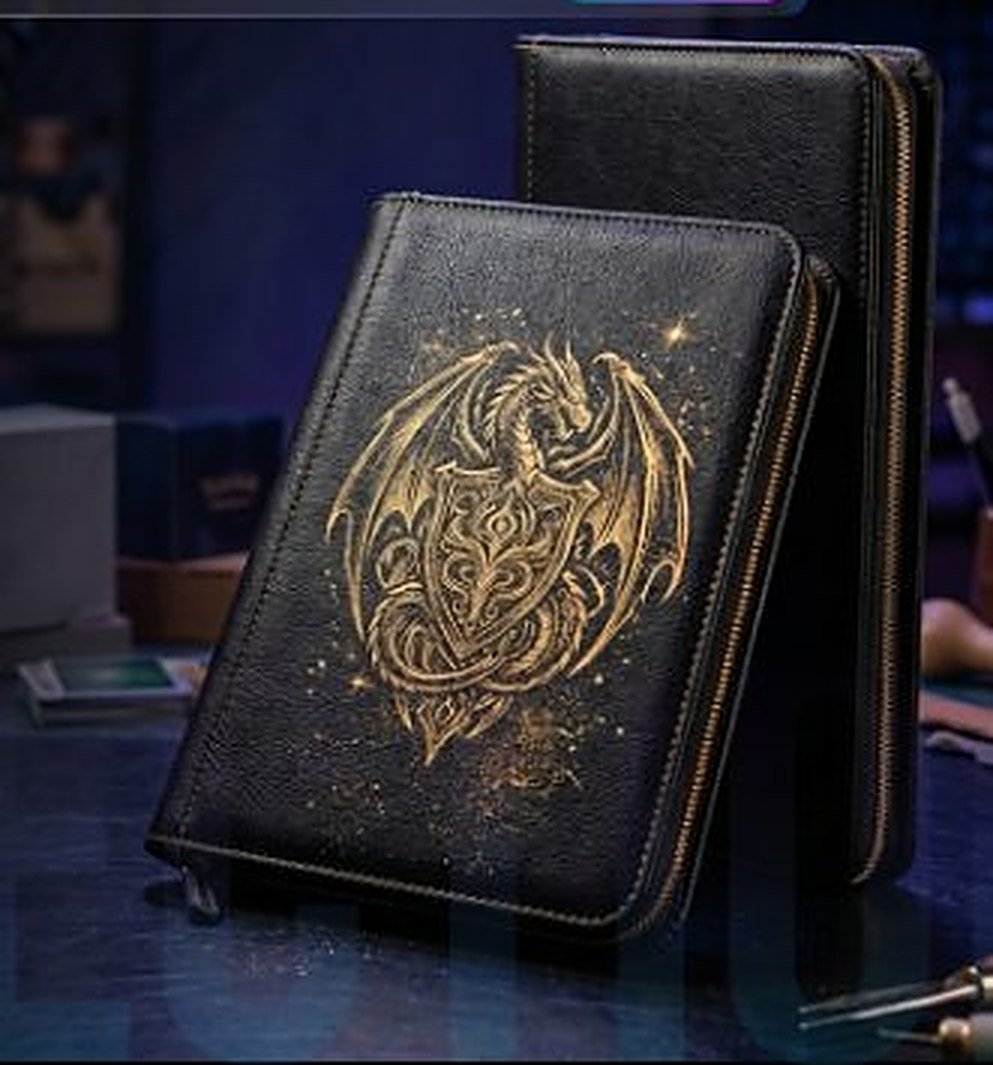 Black zip binder laser-engraved with a gold dragon crest